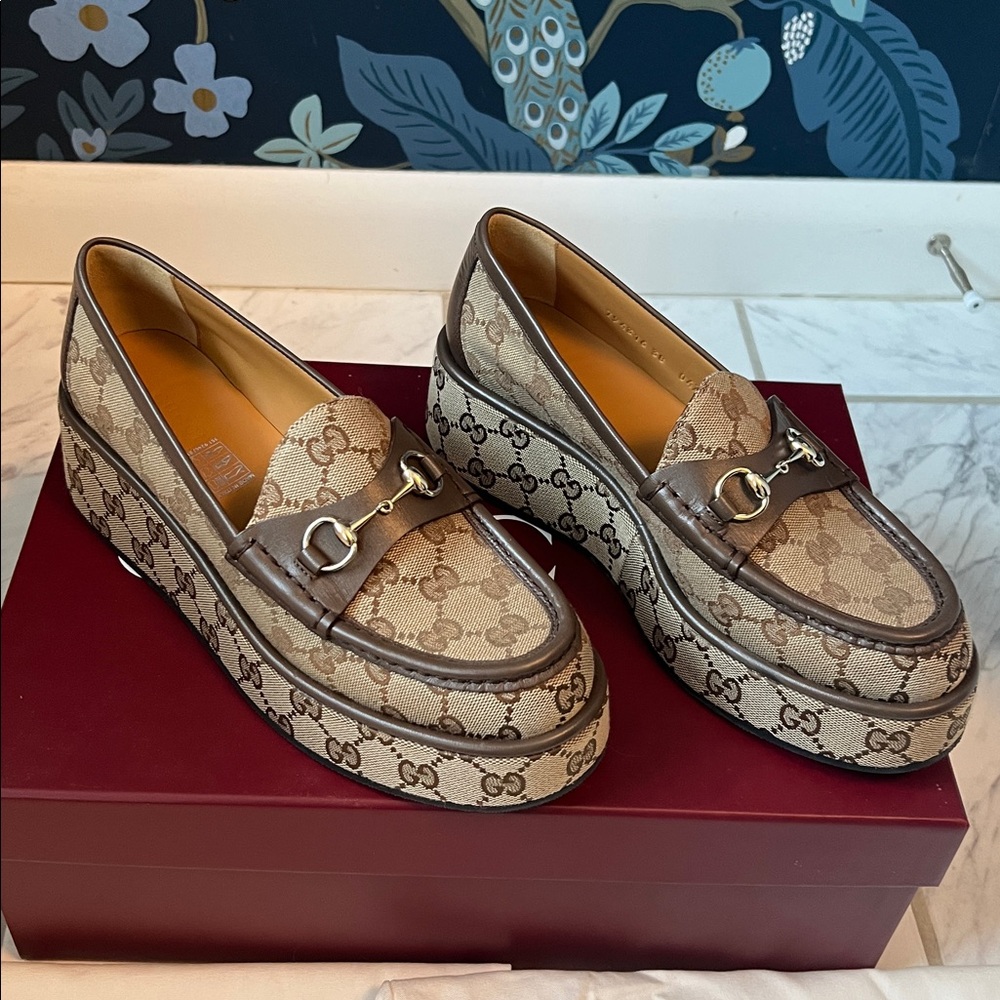 Gucci Beige and Brown Monogram Loafers